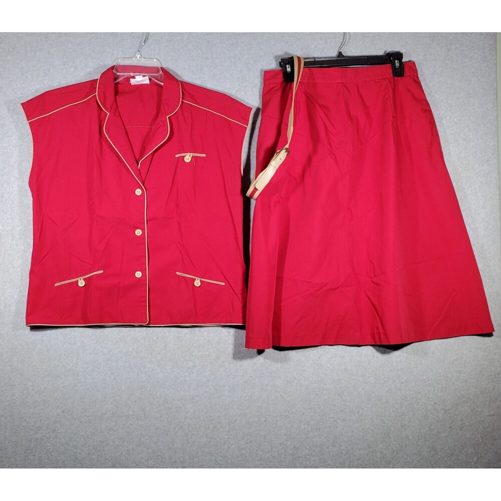 Vtg Miss Joni of California Red 2 Piece Set Sleeveless Blouse A-Line Skirt Sz 16